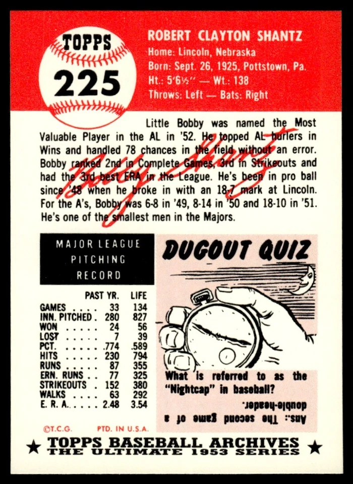 1991 Topps Archives 1953 Bobby Shantz Philadelphia Athletics #225 - Image 2 of 2