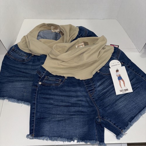 Lot (2) Haute Mama Denim Maternity Shorts Blue Frayed Hem New With Tags