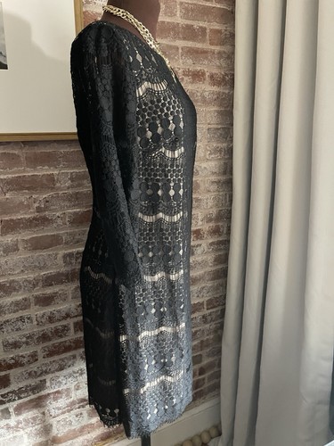 Jessica Howard Dress Black Lace Overlay Beige Lining Shift Dress 3/4 Sleeve 10 - Picture 2 of 7
