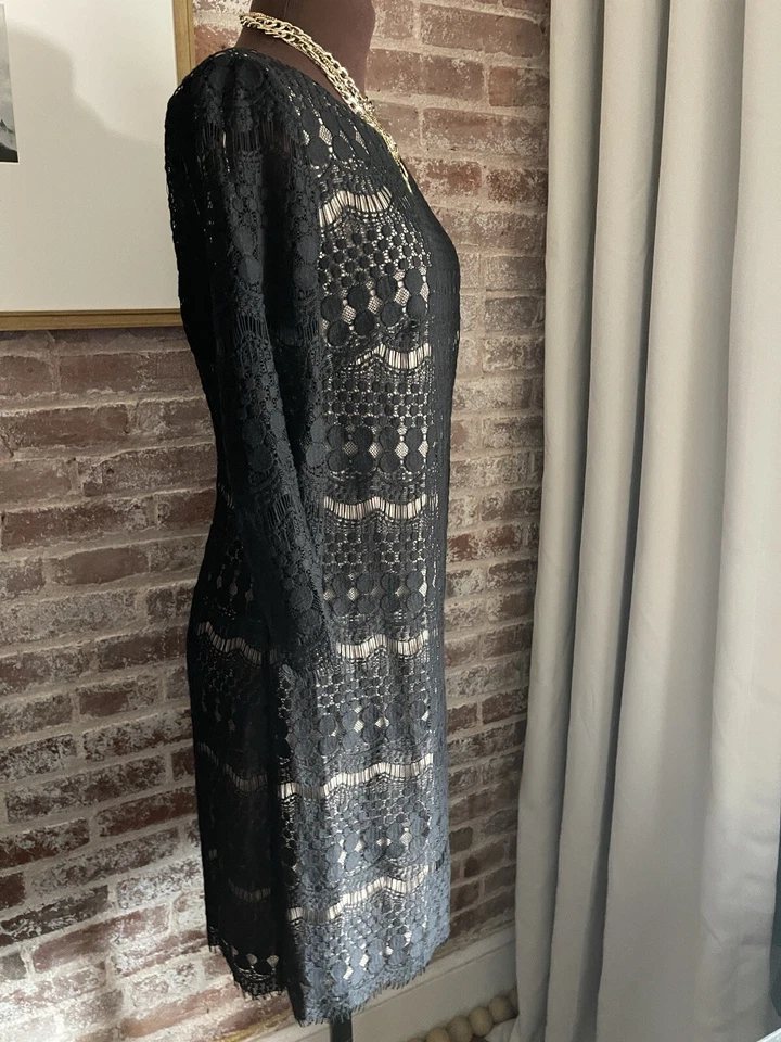 Jessica Howard Dress Black Lace Overlay Beige Lining Shift Dress 3/4 Sleeve 10 - Image 2 of 4