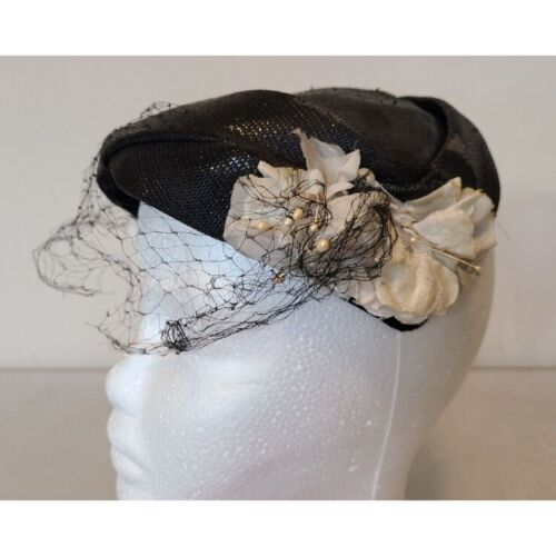 Vintage Ladies Hat Juliet Black with White Floral Designs Pillbox