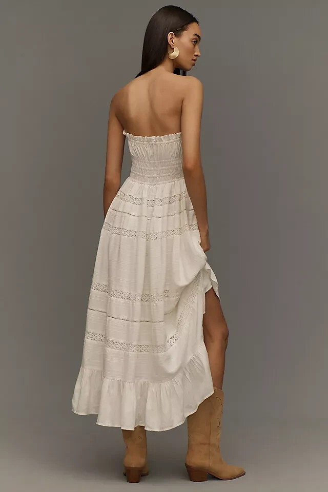 maeve strapless smocked midi dress Anthropologie Maeve Strapless Smocked Midi Dress In White Size Medium NWT