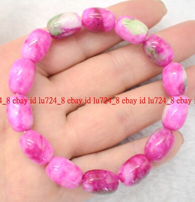 Natural 8x12mm Barrel Red Green Multicolor Jade Gems Elastic Bracelet 7.5'' AAA