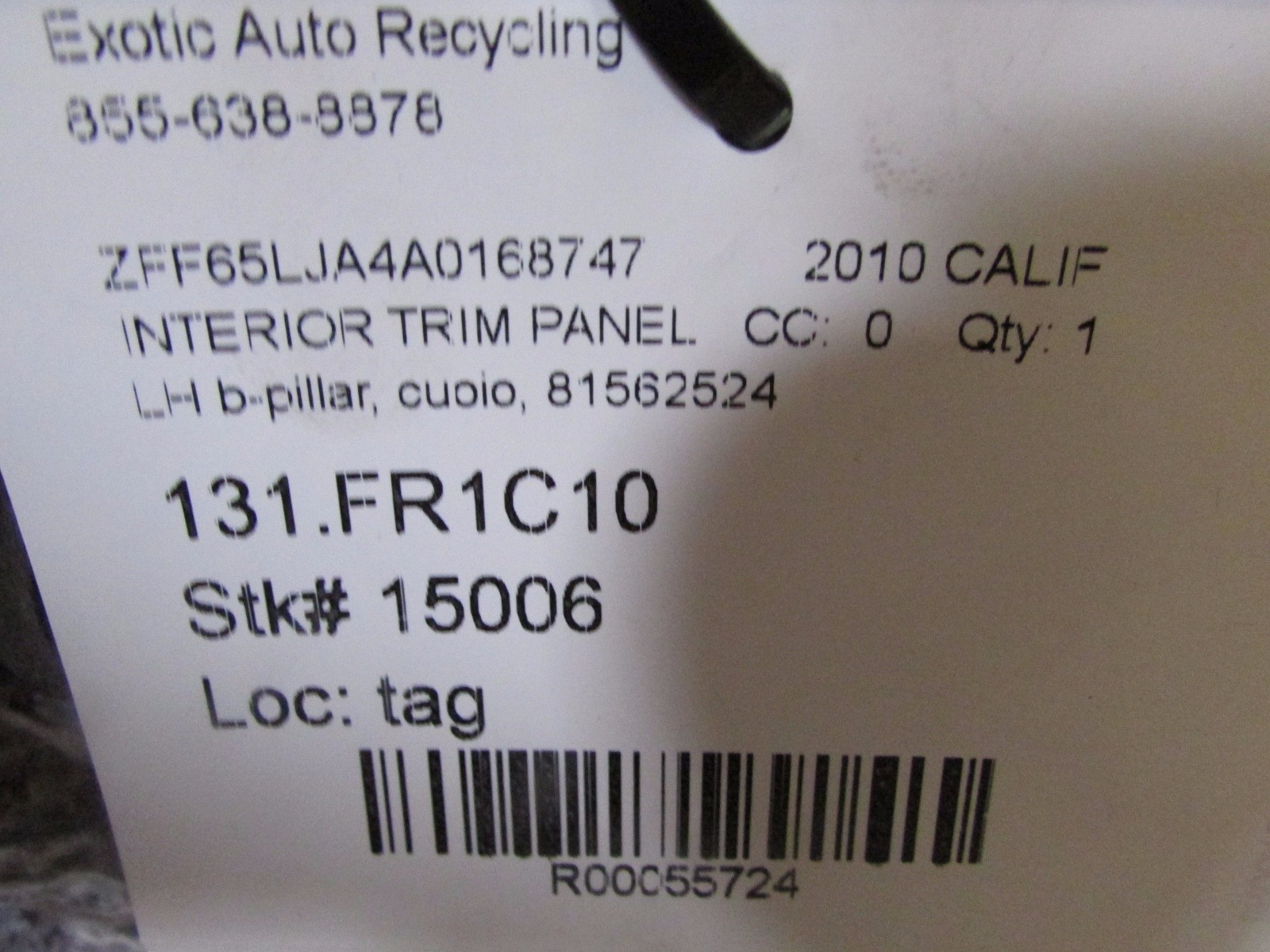 Ferrari California, LH Left B-Pillar Interior Trim Panel, Cuoio, P/N 81562524