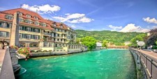 Landscape switzerland hotel river hills flowers forest Custom Gaming Mat Desk