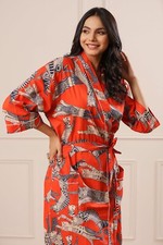 Indian Red Cotton Cat Printed Kimono Bath Robes Night Maxi Gown Kimono Robe US