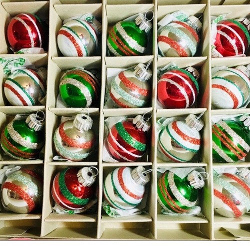 20 RADKO CHRISTMAS GLASS BALL ORNAMENTS GLITTER STRIPES GREEN RED SILVER WHITE - Picture 9 of 9