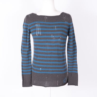 Queen and Belle Blue/Gray Striped Cashmere Distressed Sweater Top - SZ S