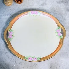 Vintage Hand Painted China Bavaria Floral Double Handle Serving Plate Porcelain