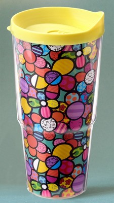 ROMERO BRITTO BECHER MIT DECKEL - BLUMEN - REISEBECHER - POP ART KUNST AUS MIAMI