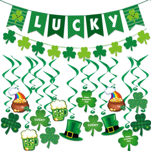 St. Patrick'S Day Decorations Green Shamrock Lucky Banner Clover Hanging Swirls