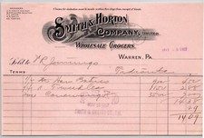 1907 Warren, PA Letterhead Smith & Horton Co Wholesale Grocers 