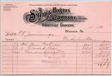 1907 Warren, PA Letterhead Smith & Horton Co Wholesale Grocers 