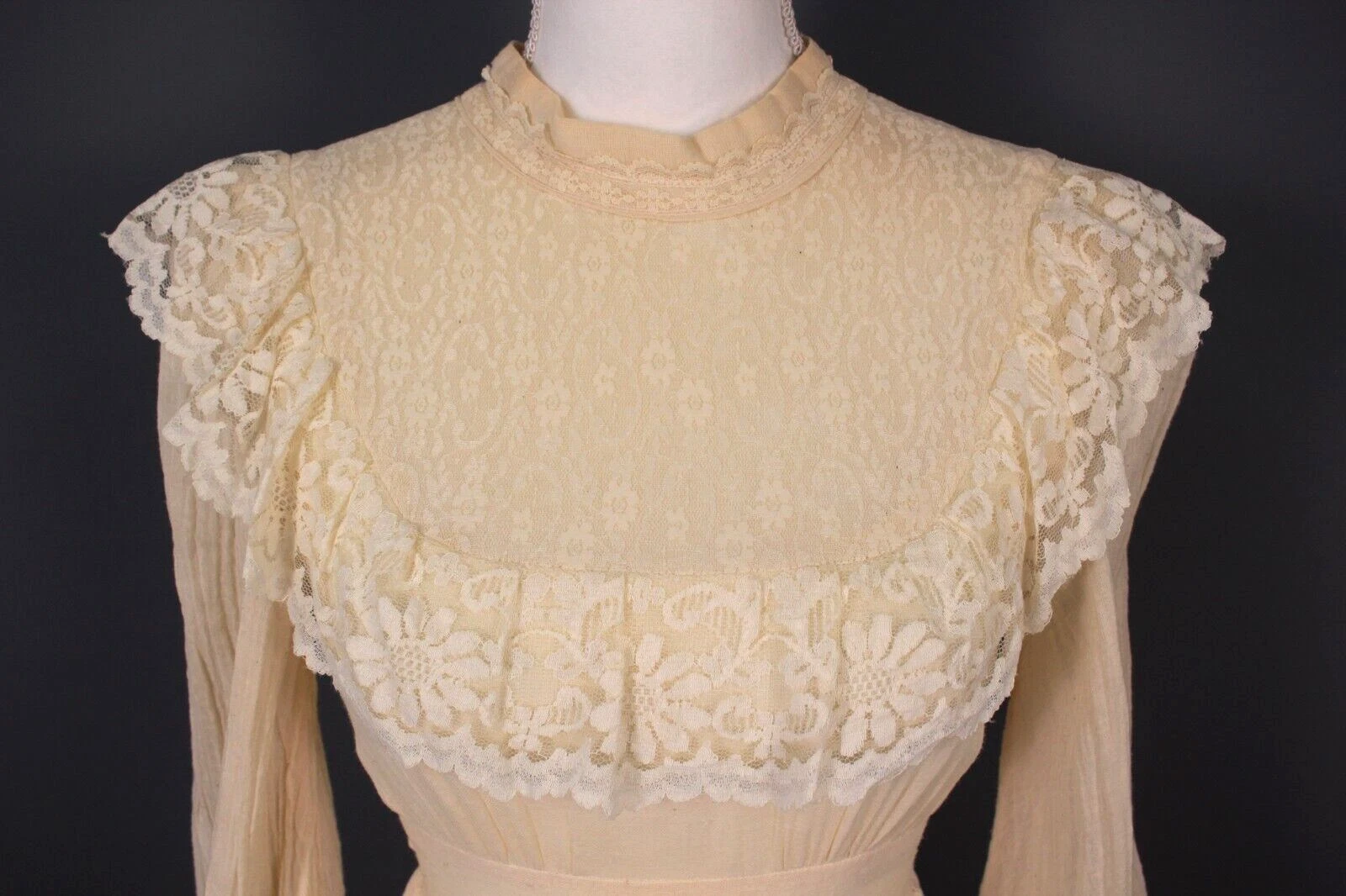 OFF WHITE Maxi abito vintage anni '70 crema sax prairie anni '70 abito da sposa in pizzo bianco sporco