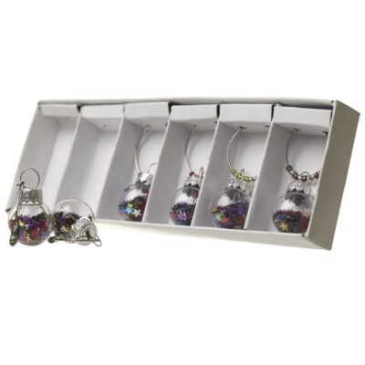 Heaven Sends Christmas Xmas Set 6 Glitter Filled Bauble Wine Charms