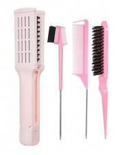 Pink 4Pcs Hair Straightening Comb Styling Set B With Nylon Bristles