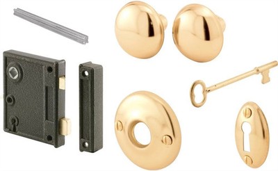 Prime-Line E 2437 Vertical Trim Vintage Lock Set   Cast Steel, Brass Plated Knob