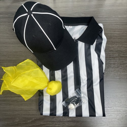 Football Referee Uniform Set (L) - Black/White Striped Shirt, Whistle & Flag.