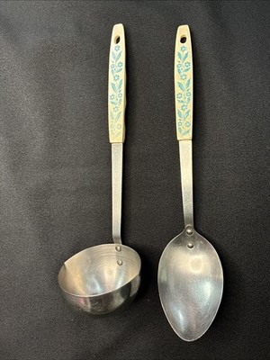 Vtg CorningWare Cornflower Blue Soup Ladle & Cooking Spoon Set/2 Stainless Steel