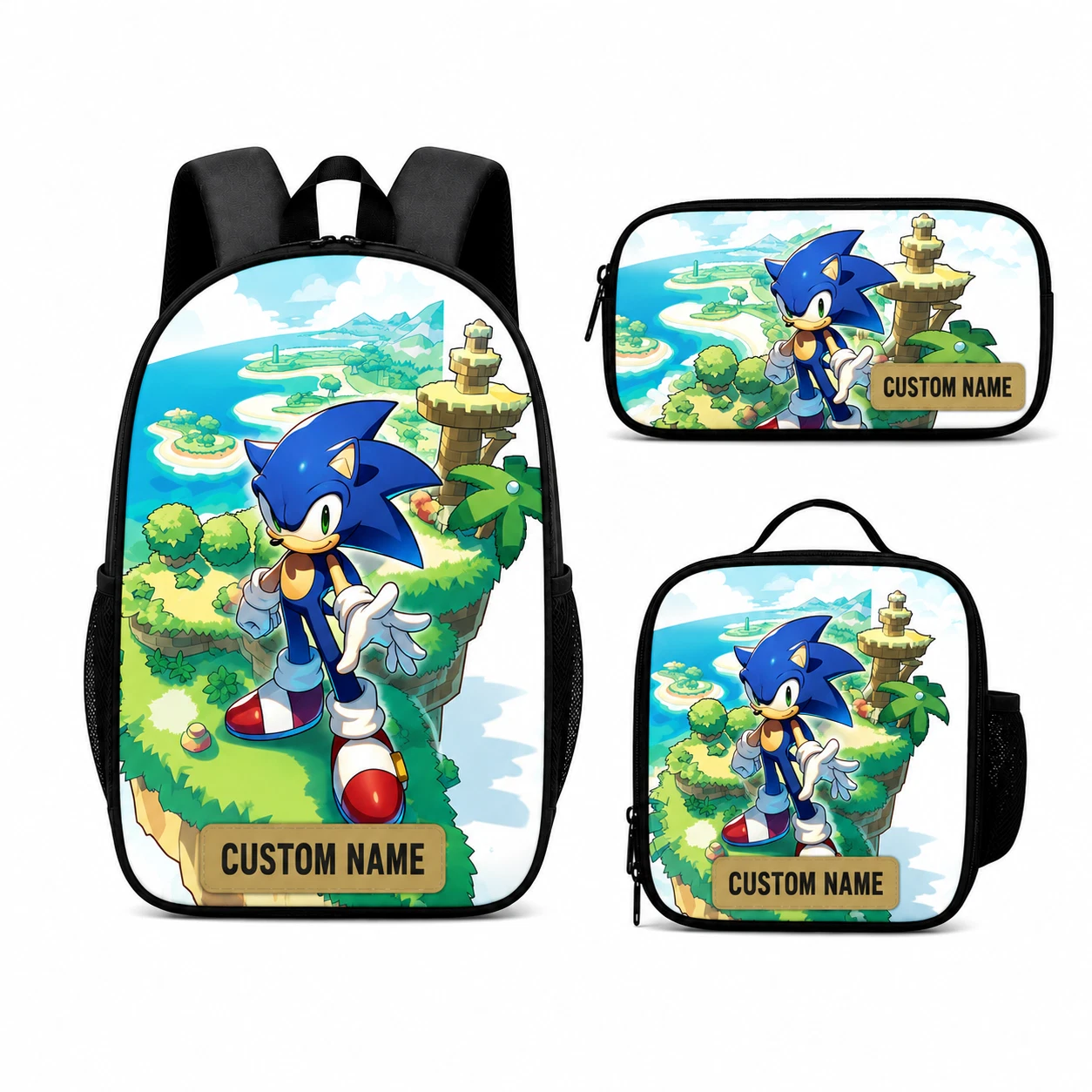 Custom Name Backpack Lunch Bag Pencil Case Set Blue Island Hero Kids School Bag