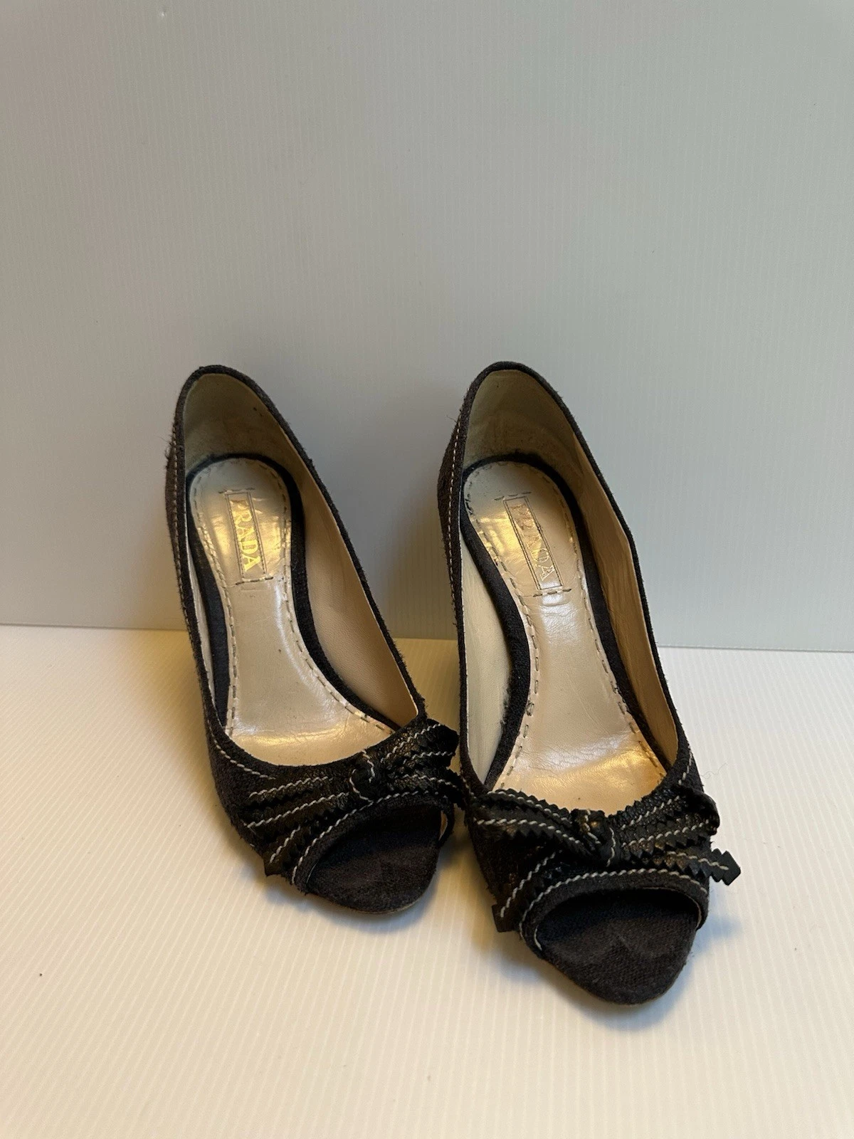 SCARPE PRADA ITALIA DENIM DETTAGLIO FIOCCO ESPADRILLAS SUGHERO ZEPPA PUNTA APERTA TG 39 DUST BAG