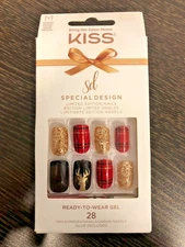 Kiss Nails Special Design Holiday Ready to Wear Gel Manicure Medium 28ct + glue