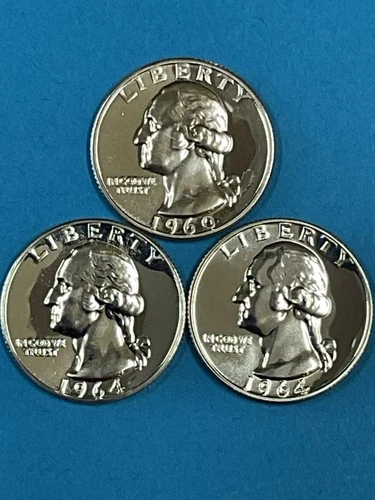 3-Coins 25c SILVER Washington Quarters Proof 1960/1964/1964