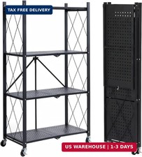 4 Tier Foldable Storage Shelf, Large Capacity Metal Shelf Rack, Rolling Bookshel