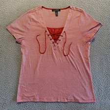 Lauren Ralph Lauren Red And White Striped V-Neck Lace-Up Top Women’s Size Large