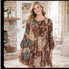 Entro XL Brown patchwork Ruffle babydoll Dress Tiered cottage boho prairie