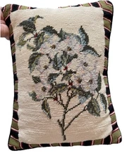 C&F Home Wool Needlepoint Floral Dogwood Williamsburg Pillow,  Vtg