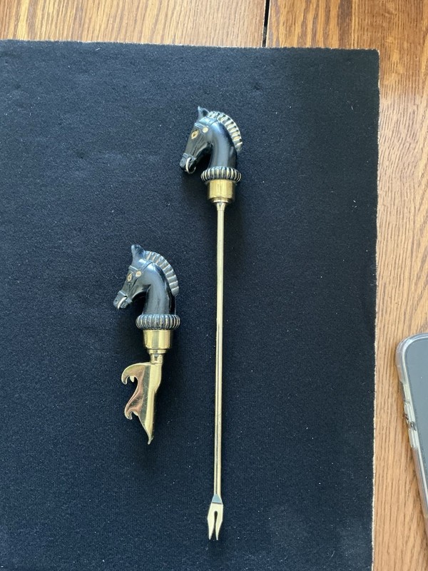 Vintage Mid Century Bakelite Horse Head Bottle Opener And Cocktail Fork.  Japan