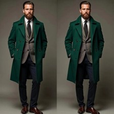 Green Men's Overcoats Cashmere Double Breasted Wide Lapel Outdoor Warm Long Coat