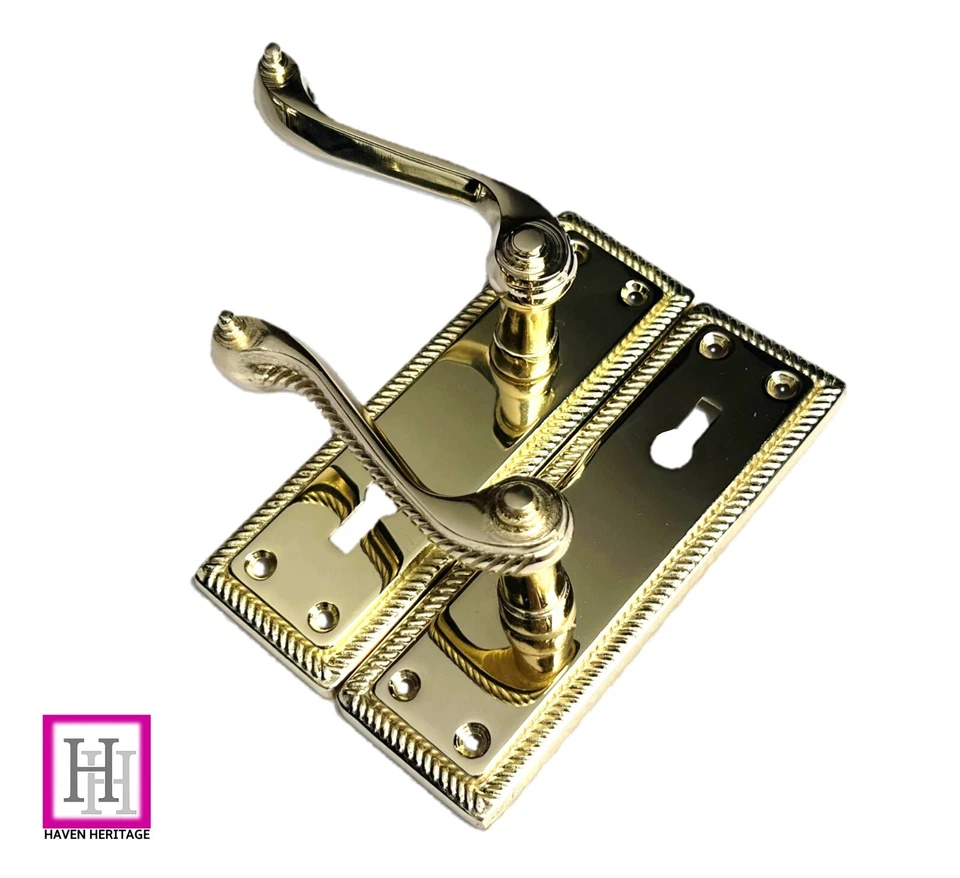 DOOR HANDLES CLASSIC BRASS GEORGIAN ROPE EDGE SCROLL LEVER MORTICE LATCH LOCK - Image 4 of 4