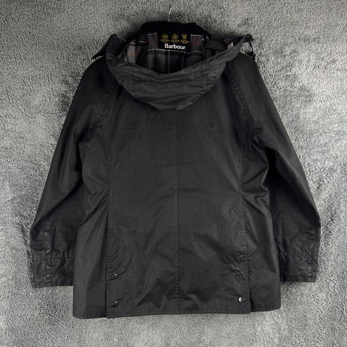 Barbour Beadnell Wax Jacket Womens Size 12 Black Tartan Hooded Full Zip Lining - Picture 2 of 23