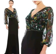 Mac Duggal 79379 Black Emboidered Illusion Puff Sleeve Column Gown 14 Floral MOB