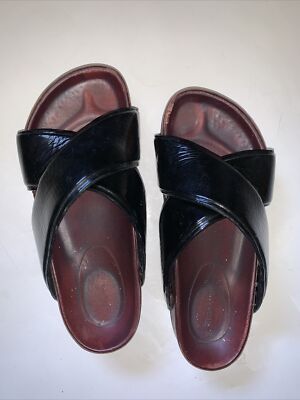 CELINE Paris Black Patent Leather Sandals Criss Cross Chunky Slides 36 EU 6 US
