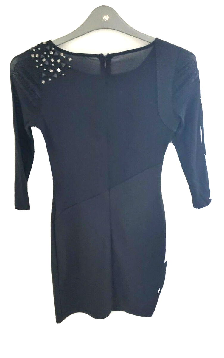 Lipsy UK Black Bodycon Mesh Sequins Short Dress 3/4 Sleeve Studs