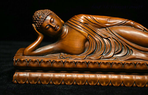 Tibet Old Buddhism Boxwood Wood Carved Sleep Amitabha Shakyamuni Buddha Statue - Picture 1 of 10