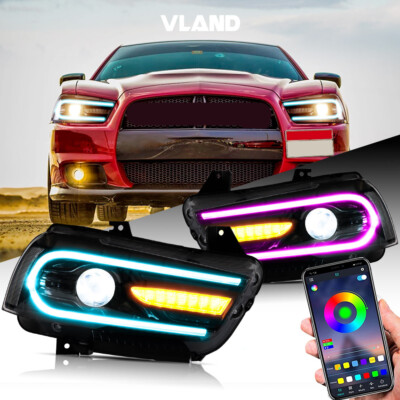 VLAND LED Headlights For 2011-2014 Dodge Charger RGB DRL Multiple Colors A Pair