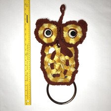 Vintage 70  s Handmade Knitted Macrame Owl Towel Holder Brown Gold Cream 10 x 20