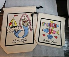 BRIGHTON Set of 2 SEA BREEZE  Canvas Drawstring Travel Bags 12.5x10" 8.5X8", New