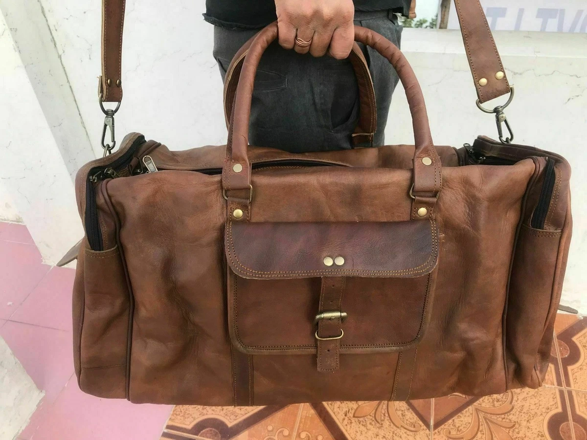 Large Men s Travel Bag High Quality Vintage Leather Duffel Brown