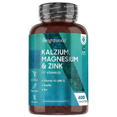 WEIGHTWORLD Kalzium Magnesium Zink Tabletten - 400Stk - Vitamin D3 K2 - Stoffwechsel - Vegan