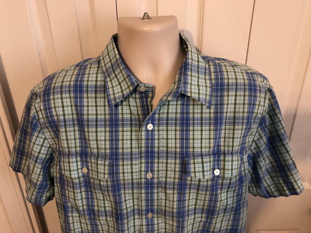 Men's American Rag Button Up Short Sleeve Shirt Large Blue Green Yellow B1