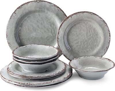 Farmhouse Melamine Dishes Dinnerware Set, 12 Piece Rustic