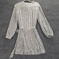 Express Silver Sequin Long Sleeve Size S Mini Dress Belted Glam Party Cocktail