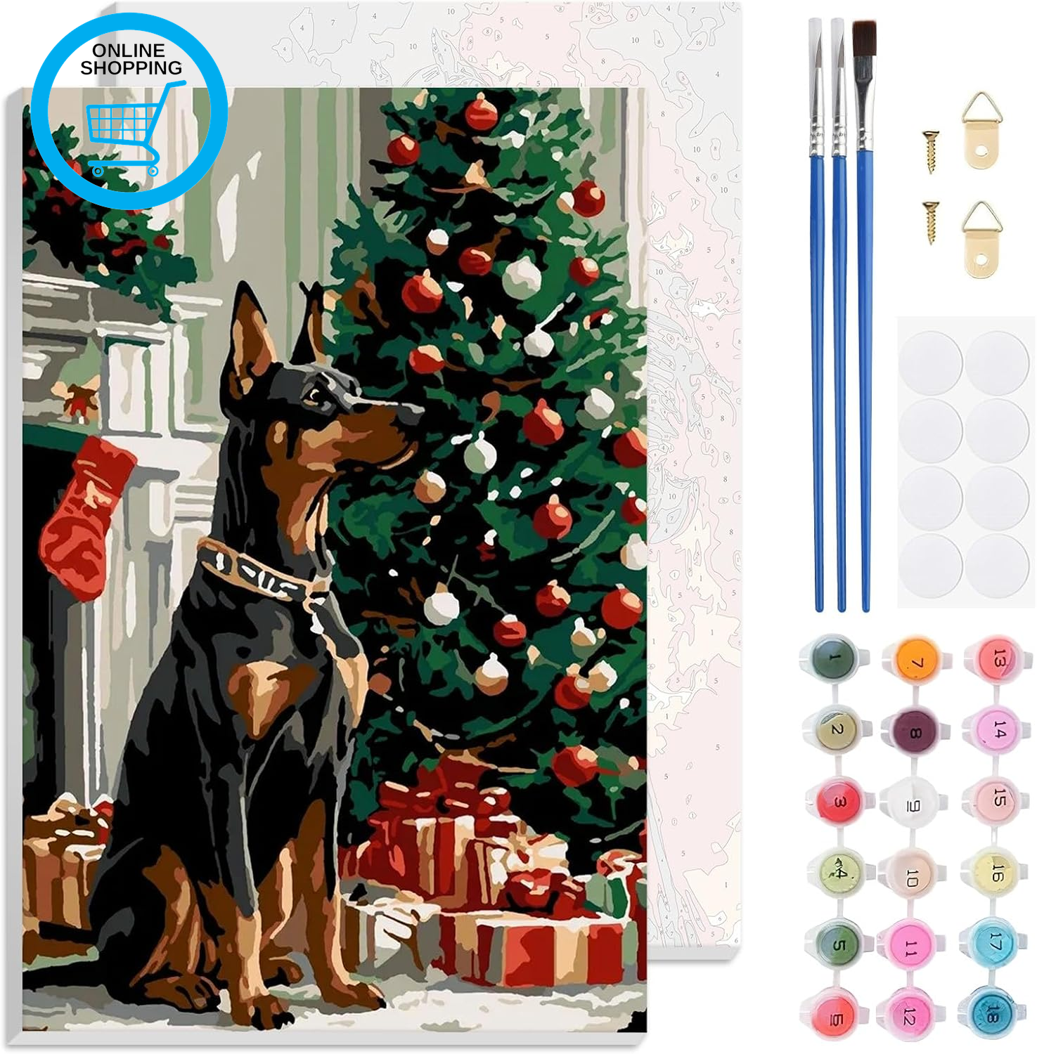 Framed Paint by Numbers Christmas Kit for Adults - Dog and Christmas Trees Paint