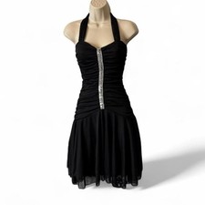 Vintage Y2K Eco & Vo Black Ruche Halter Dress Sequin Detail, Women's Size S