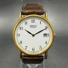 Seiko Watch Men 32mm Gold Dial Gold Tone Date Round Leather 5Y39-7010 New BattAB